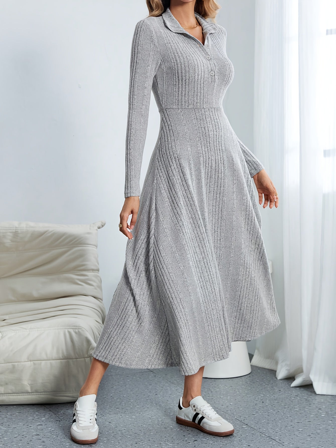 Plus Size Fit & Flare Long Sleeve Dress — Lapel Collar, Button Front Flared Skirt for Office & Fall/Winter