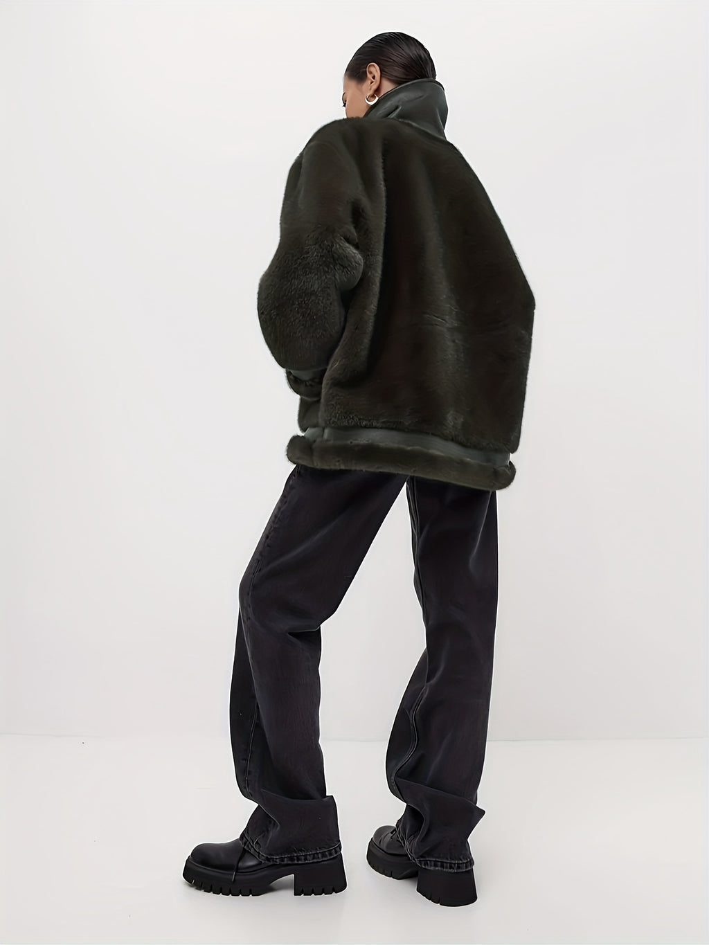 AFTF BASIC Women's Long Faux Mink Fur Jacket, Asymmetrical Hem Motorcycle Coat with Turnover Collar and Faux Fur Lining