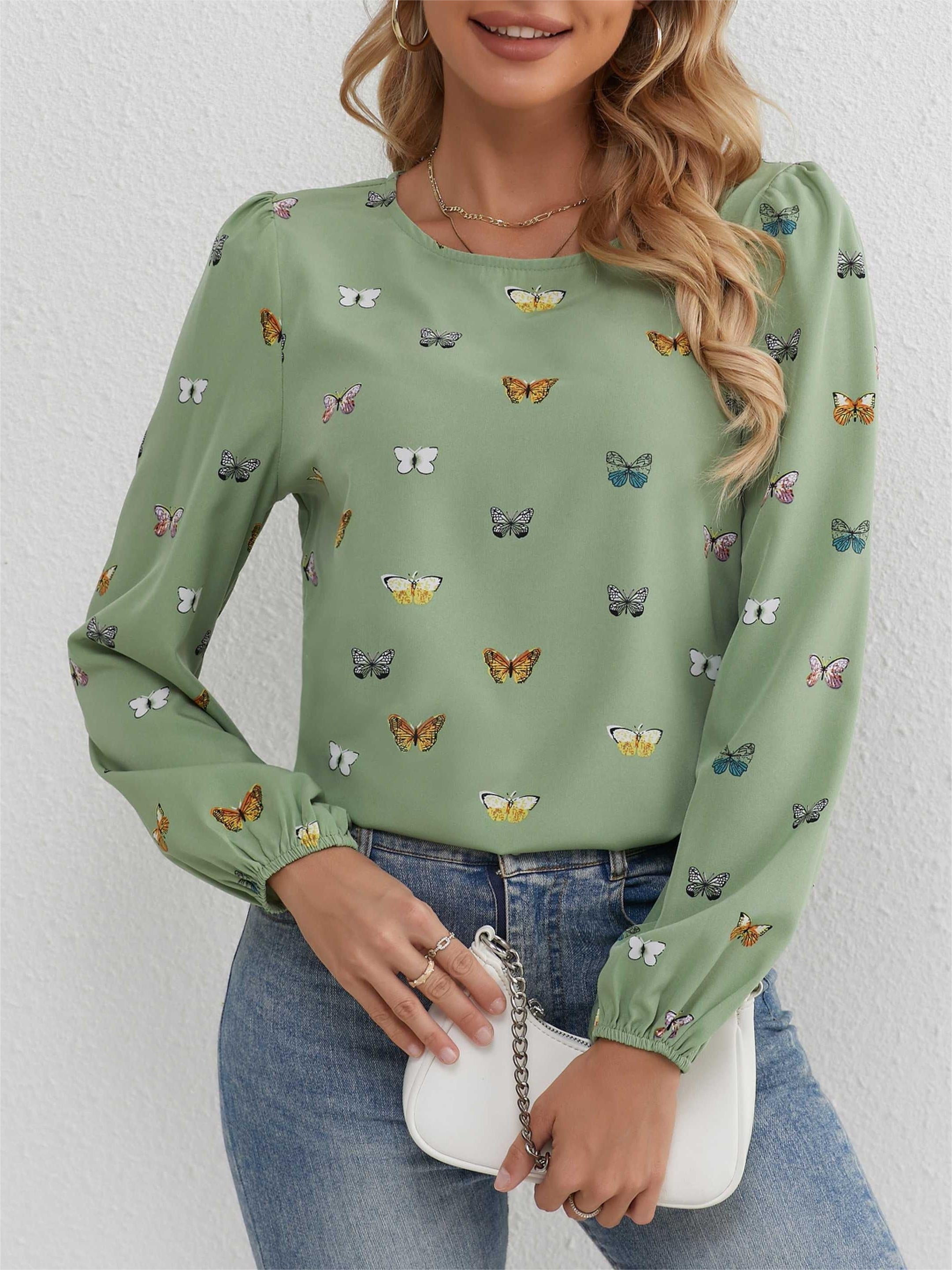 Women's Light Green Butterfly Print Blouse Long Sleeve Ruffle Crew Neck Top for Spring Summer Fall