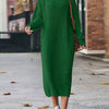 Plus Size Rib-Knit Sweater Dress — Polyester High Neck Long Sleeve Raglan Pullover, Solid Color
