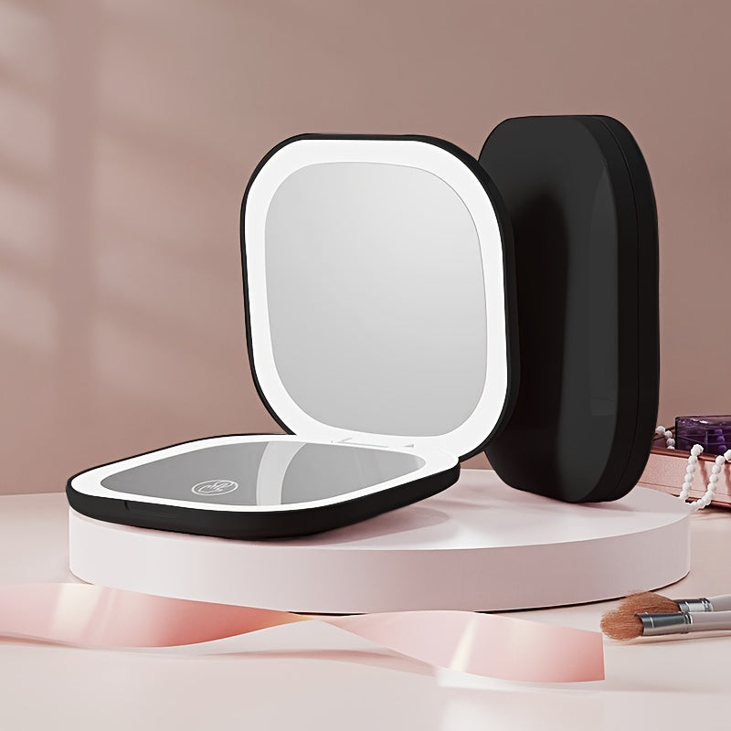 Foldable LED Travel Makeup Mirror - Double-Sided 1X/2X/3X Magnification, Adjustable Brightness, Rechargeable USB Pocket Mirror