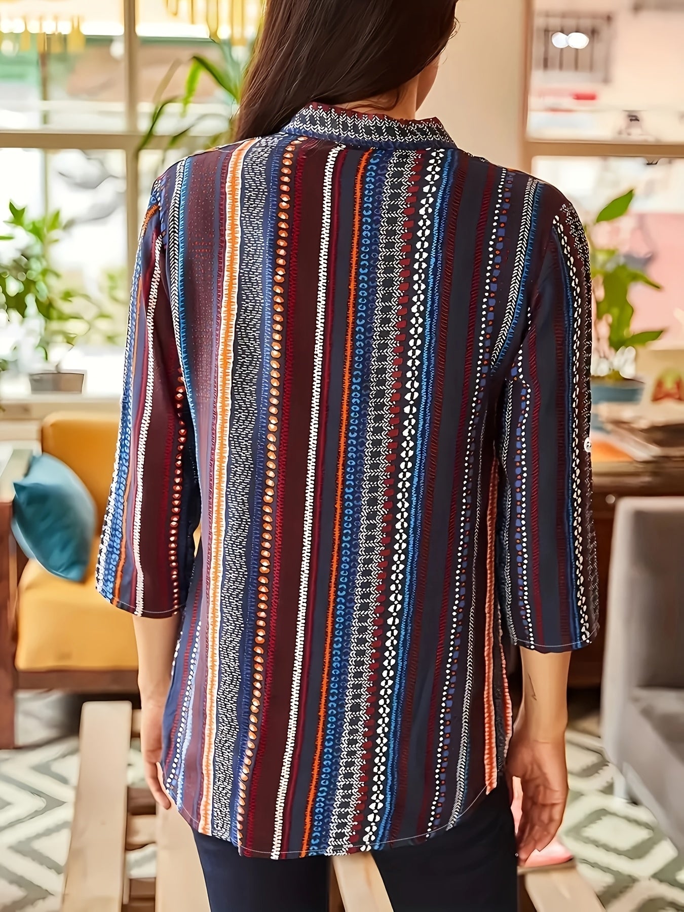 Ethnic Striped Button-Up Shirt - Vintage Long Sleeve Polyester Blouse for Women, Spring and Autumn