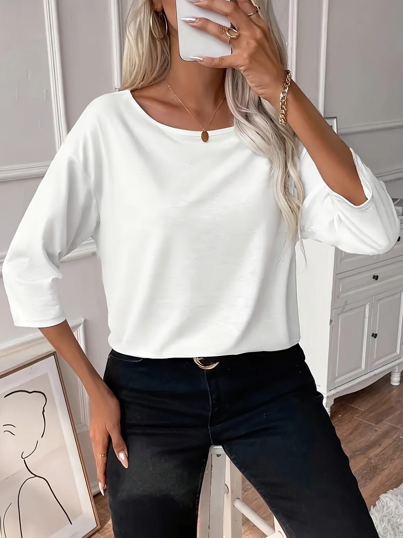 Women's Solid Crew Neck Blouse — Adjustable 3/4 Sleeve Elegant Woven Top for Spring & Fall