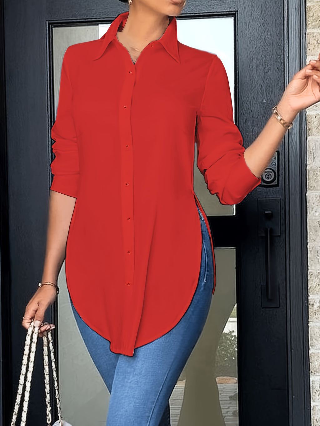 Women's Elegant Long-Sleeve Button-Front Blouse with Side Slit — Woven Polyester All-Season Office & Casual Shirt