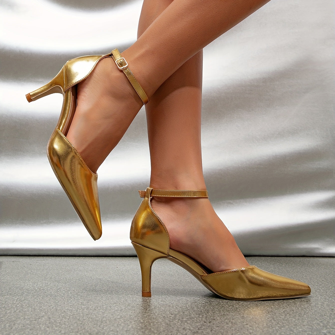 Elegant Golden Stiletto Heels - Women's Pointed-Toe Ankle Strap Pumps with Buckle, Synthetic Upper & Rubber Sole