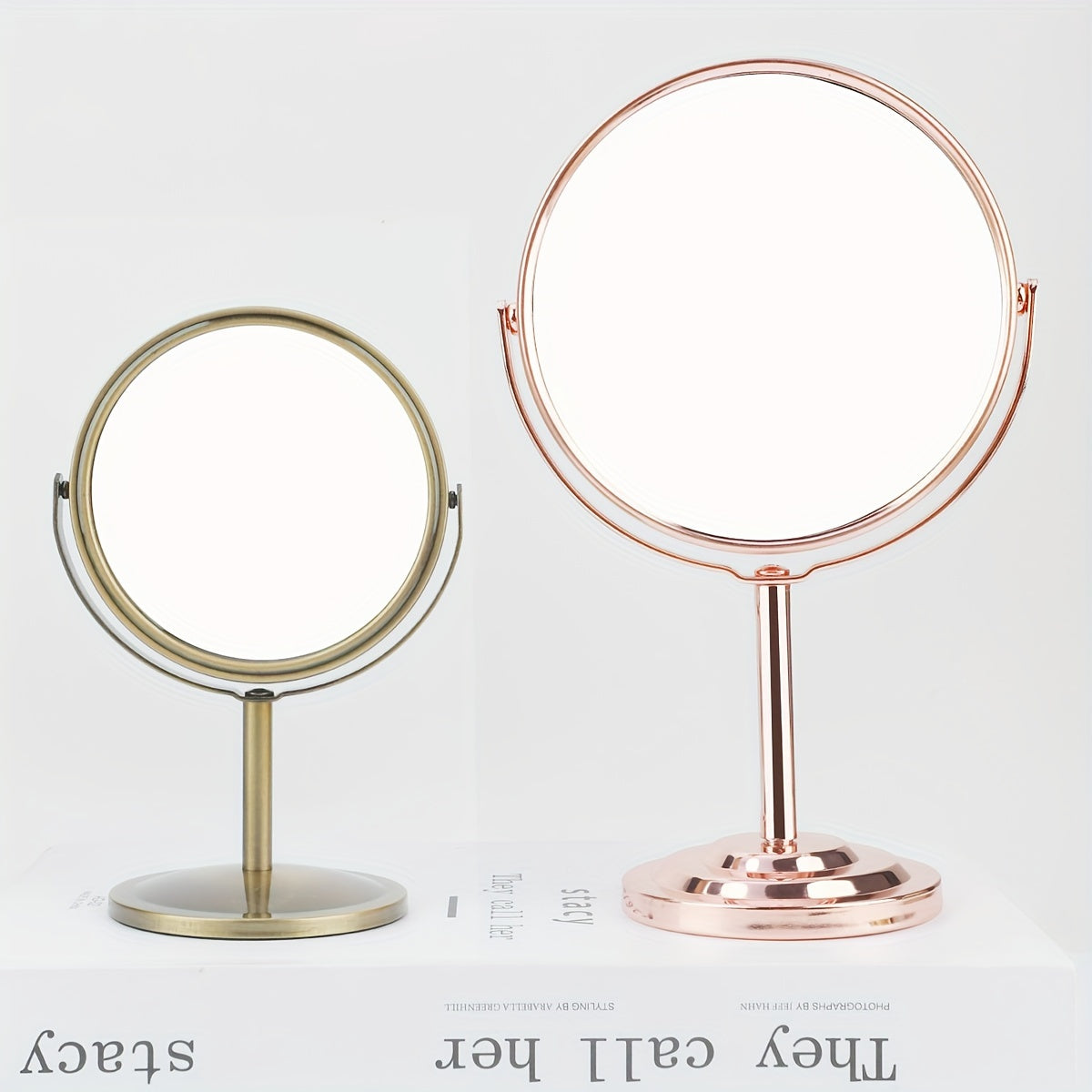 RANCAI 360° Stainless Steel Double-Sided Makeup Mirror – Polished Coastal Tabletop, HD Oil-Free Surface, Non-Electric, Anti-Skid Base