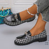 Women's Houndstooth Slip-On Loafers with Bowknot — Black & White Checkered Casual Platform Shoes