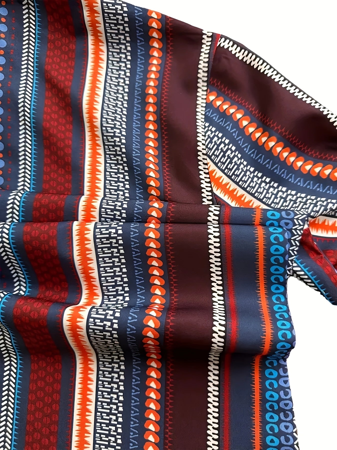 Ethnic Striped Button-Up Shirt - Vintage Long Sleeve Polyester Blouse for Women, Spring and Autumn