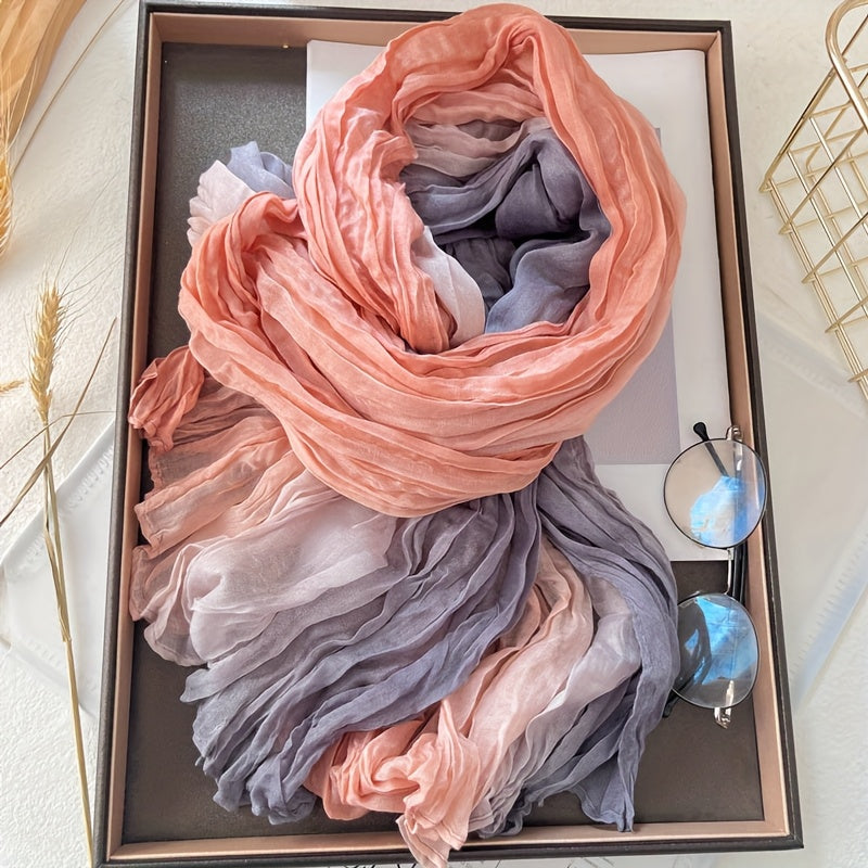Gradient Blue Pleated Scarf - Lightweight Breathable Viscose Shawl Wrap, Boho Beach & Casual Long Scarf