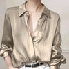 Women's Black Satin-Finish Button-Up Shirt, 100% Polyester Long Sleeve, Regular Fit, Machine Washable