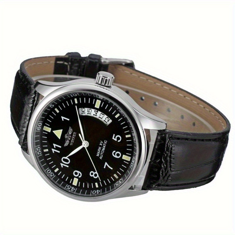 WINNER Self-Winding Mechanical Watch for Women & Men - Large Dial, Round Alloy Case, PU Leather Strap, Calendar