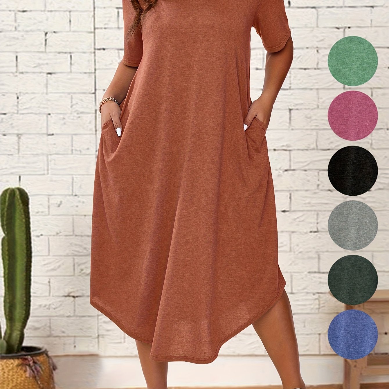 Plus Size Solid Crew Neck Tunic Dress - Casual Short Sleeve Summer Dress for Women