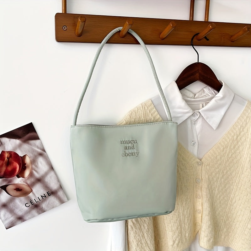 Women's Nylon Underarm Crossbody Bucket Bag – Embroidered Single Shoulder Handbag (Black, White)