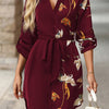 Elegant Women's V-Neck A-Line Dress with Bird & Floral Print — Long Sleeve Polyester, Green with Gold Accents