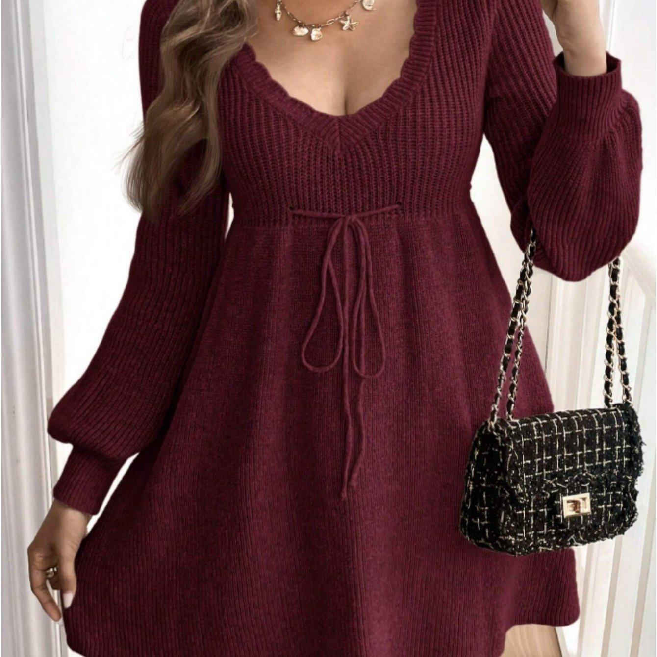 Plus Size V-Neck Red Drawstring Knit Dress for Women