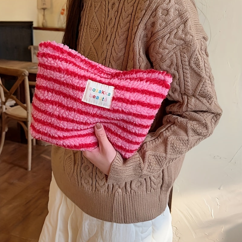 Winter Plush Makeup Bag Polka Dot - Large Capacity Travel Cosmetic Organizer & Wash Bag for Women