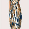Plus Size Geometric Print Maxi Dress - Stretchy Polyester Knit, Short Sleeve, Round Neck, Pockets