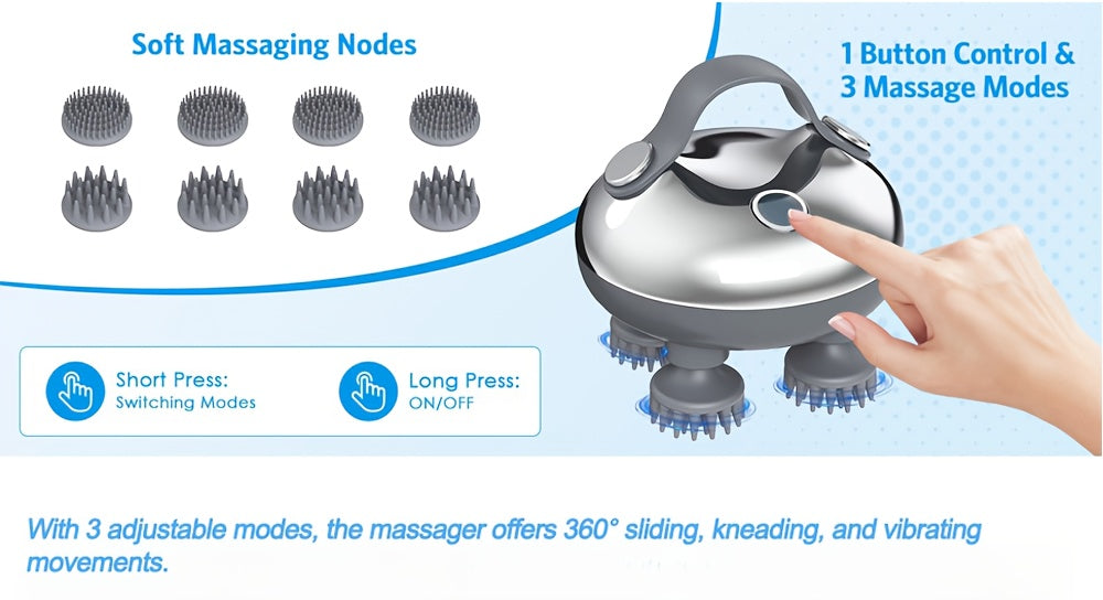 USB Rechargeable Hanging Rope Scalp Massager – 5-in-1 Kneading, 96 Massage Nodes, Handheld Portable Head Scratcher & Deep Hair Cleaner, Silvery