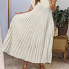 Women's Pleated A-Line Maxi Dress — Navy Blue Short Sleeve Crew Neck Loose Fit, Vacation & Seasonal Wear