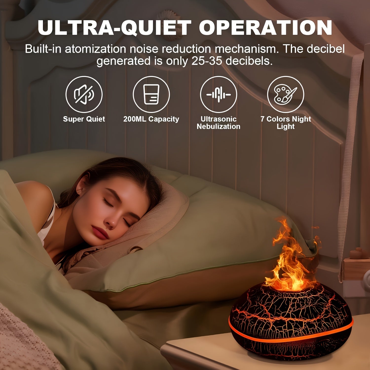 BABIQT USB Soundwave Humidifier & Aromatherapy Diffuser with Volcano Flame Effect and 7-Color Night Light — Quiet Auto Shut-Off Portable Humidifier for Bedroom & Office