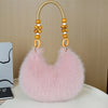 Women's Plush Faux Fur Tote & Crossbody Bag with Beaded Strap – Zipper Closure, Gold-Tone Beads, Multiple Colors