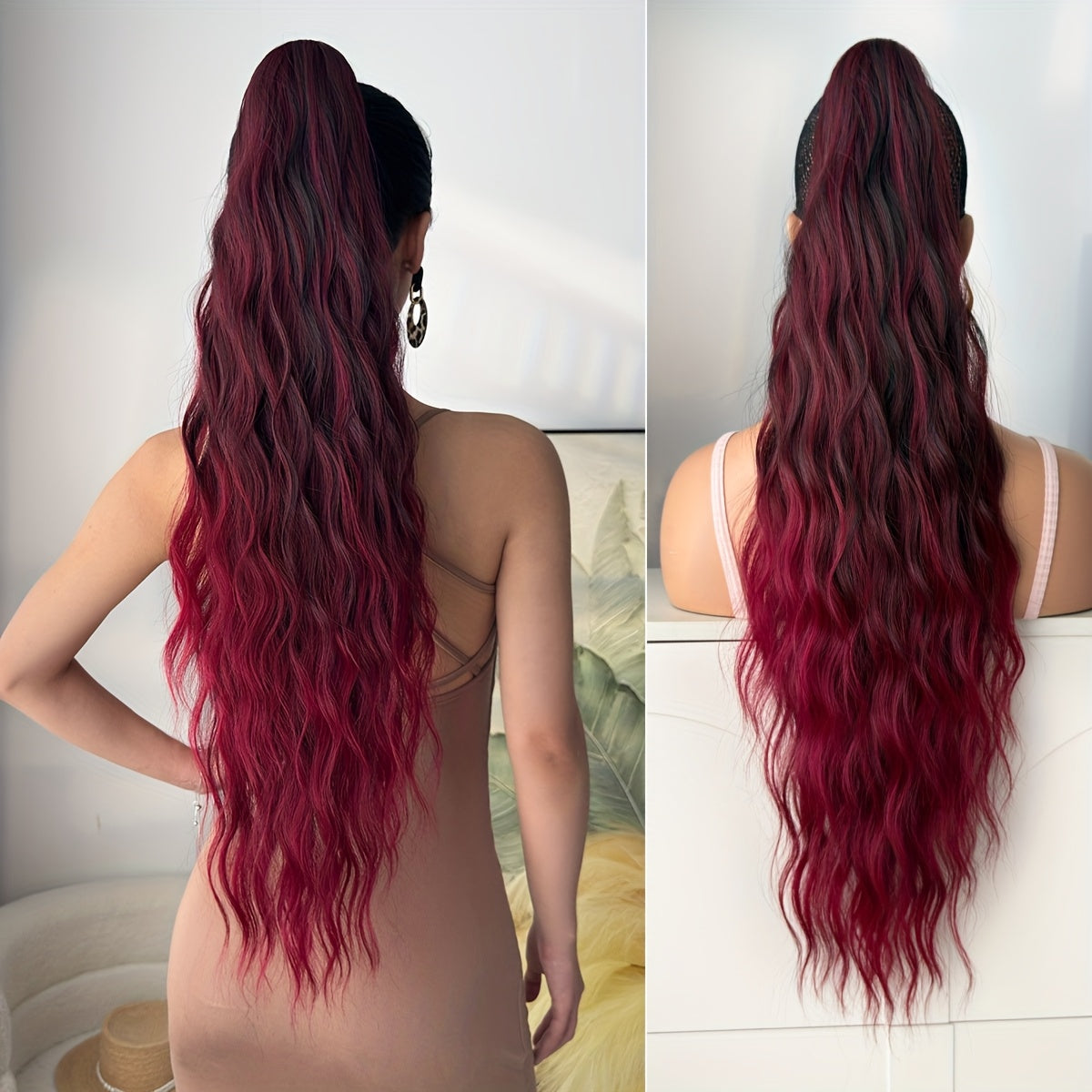 28-Inch (71 cm) Heat-Resistant Clip-In Water Wave Ponytail Extension - Synthetic Ombre Hairpiece (Blonde/Brown/Black/Red/Dark Brown) for Women & Girls