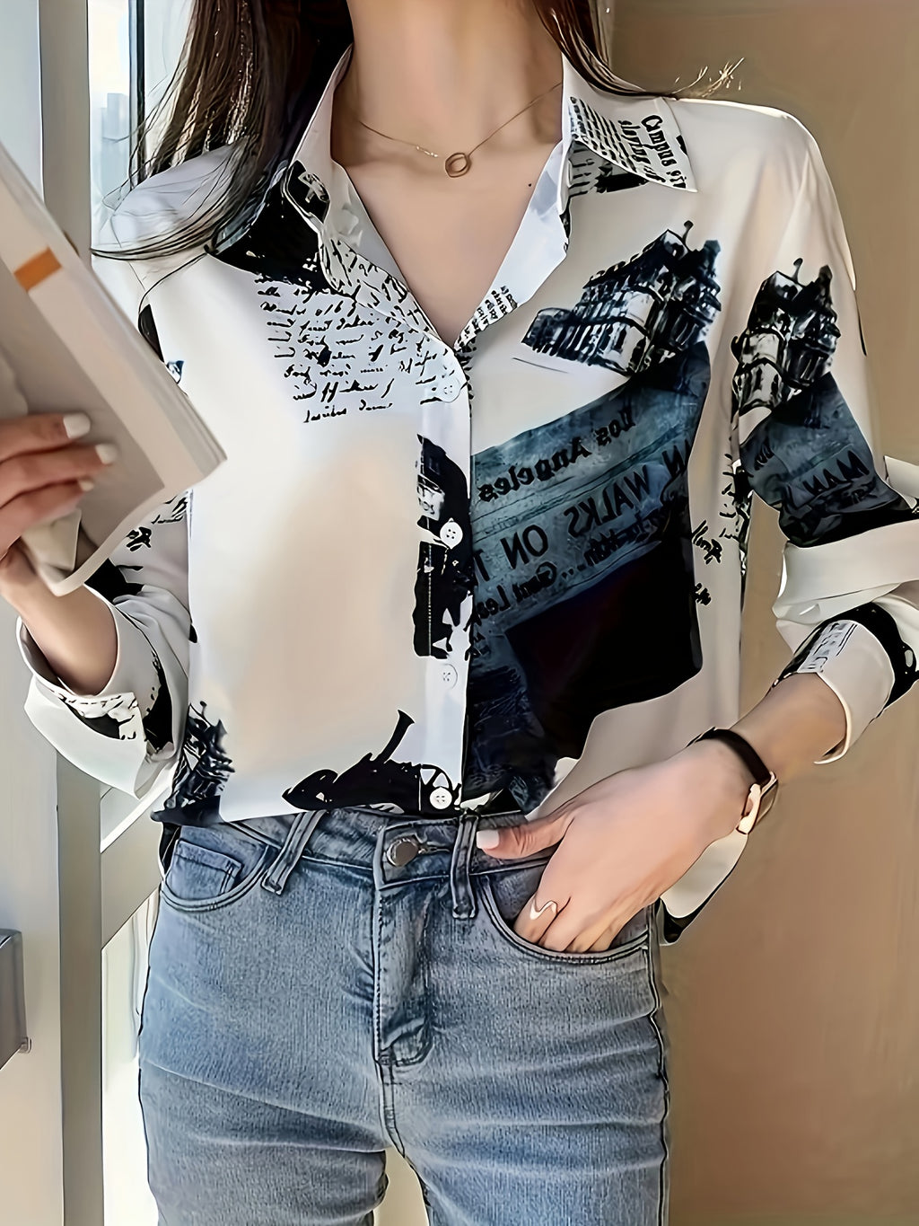 Women's Letter Print Button-Up Blouse - Long Sleeve Collared Polyester Shirt, Machine Washable