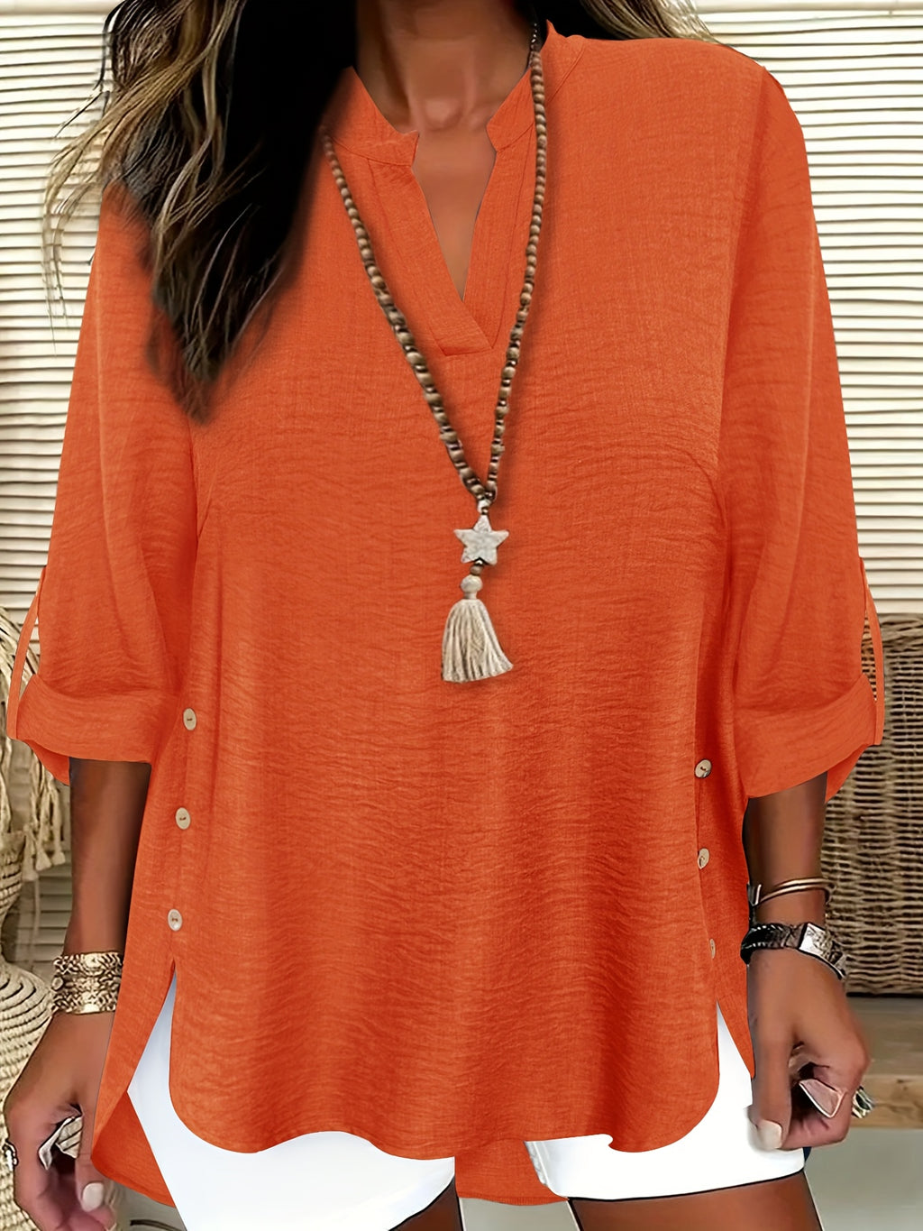 Plus Size Faux Denim Blouse with Decorative Buttons & Tassel Knot Front High-Low Hem Spring/Summer Polyester Blend