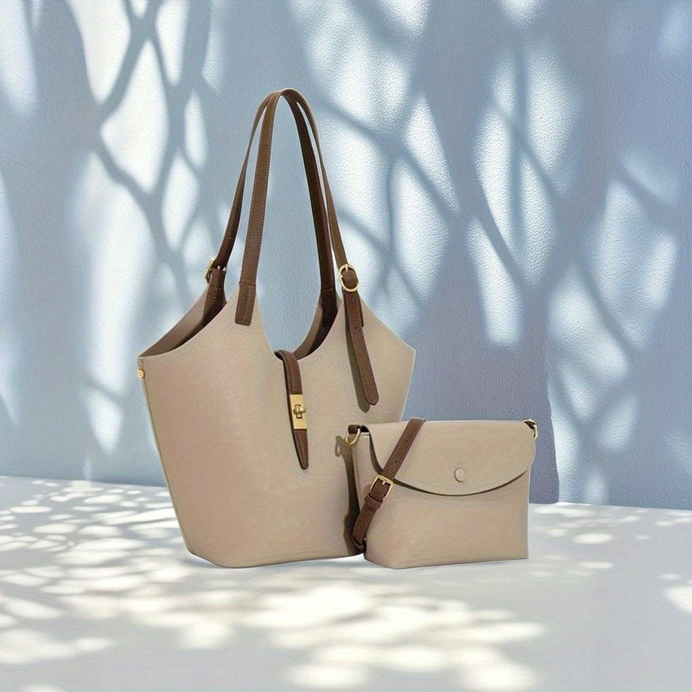 Women's Khaki PU Bucket Bag - Large Capacity Shoulder, Handheld & Crossbody Handbag with Tartan Pattern