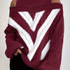 Plus Size Off-Shoulder High-Neck Cable Knit Sweater, Grey & White Striped Pullover, Machine Washable