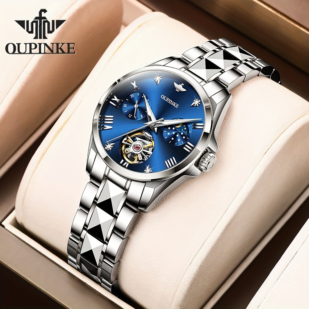 OUPINKE Women's Automatic Mechanical Dress Watch – Luminous Hands, Blue Dial with Gold Markers, Stainless Steel Case & Bracelet