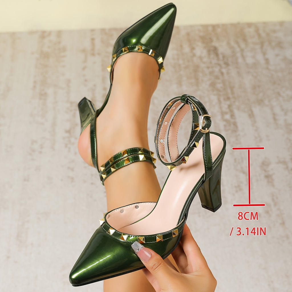 Elegant Green Metallic Pointed-Toe Block Heel Pumps for Women, Ankle Strap D'Orsay with Gold Rivet Detail