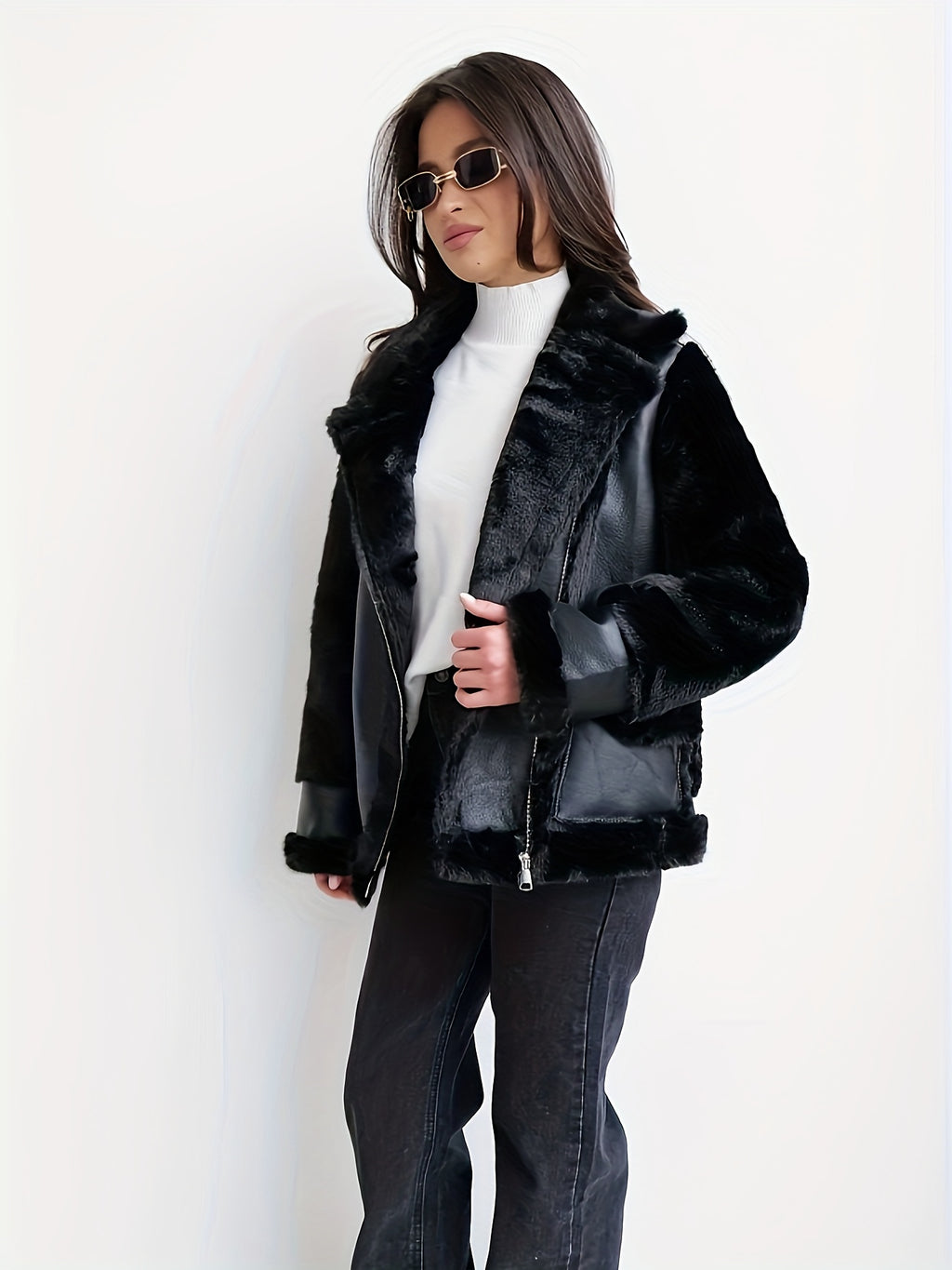 Women's Black Faux Fur Motorcycle Jacket - Zipper Front, Button Cuffs, Casual Fall & Winter Coat