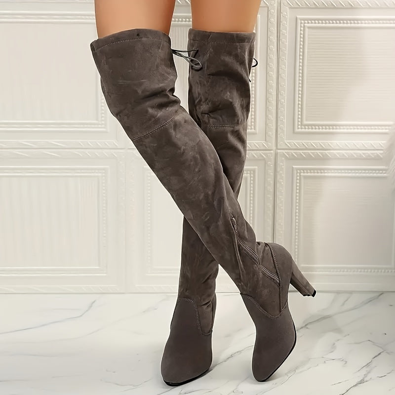 Women's Over-the-Knee Ultra-High Chunky Block Heel Boots - Furry Flannel Knee-High Zipper Winter Riding Boots
