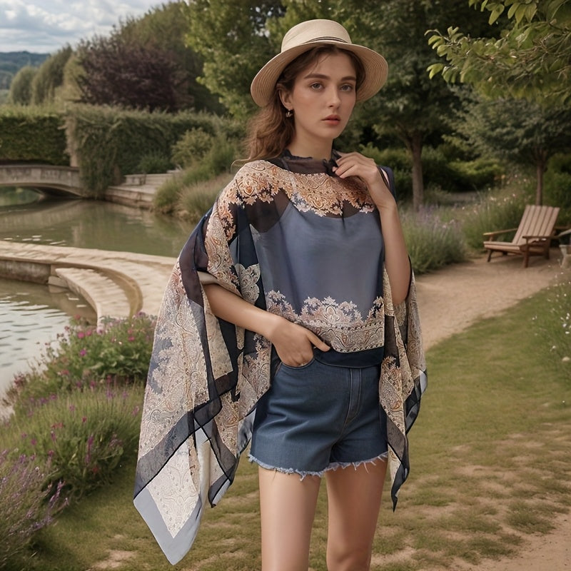 Women's Turquoise Jacquard Scarf Shawl – Large Square Lightweight Breathable Beach Cover-Up & Multiway Long Wrap Poncho