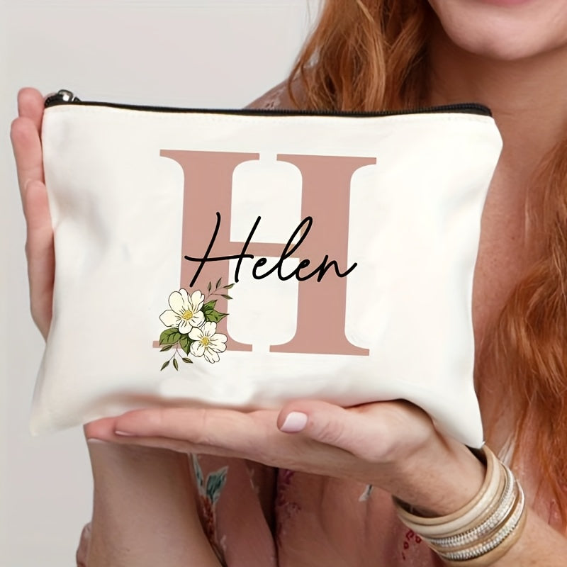 Customizable Floral Makeup Bag - Foldable Polyester Cosmetic Pouch for Travel, Zippered Toiletry Organizer, Machine Washable, Ideal Bachelorette Gift