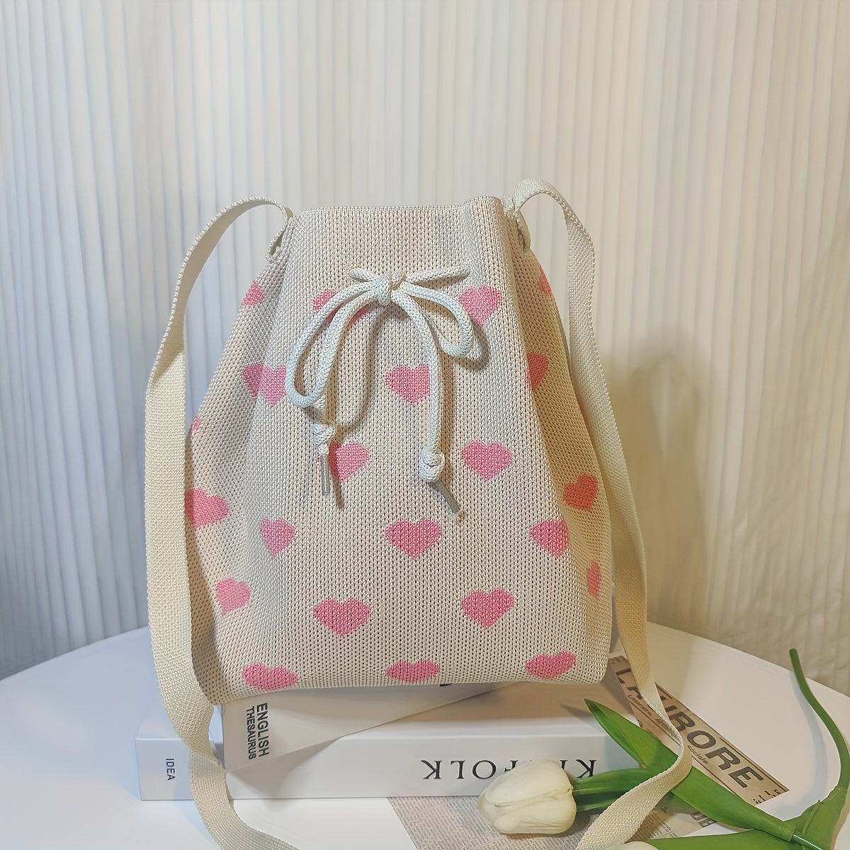 Heart Pattern Drawstring Bucket Bag for Women - Classic All-Match Handbag