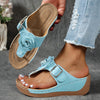 Women's Summer Wedge Sandals - Thick-Soled Platform Flip-Flops with Adjustable Back Strap and Retro Floral Accent