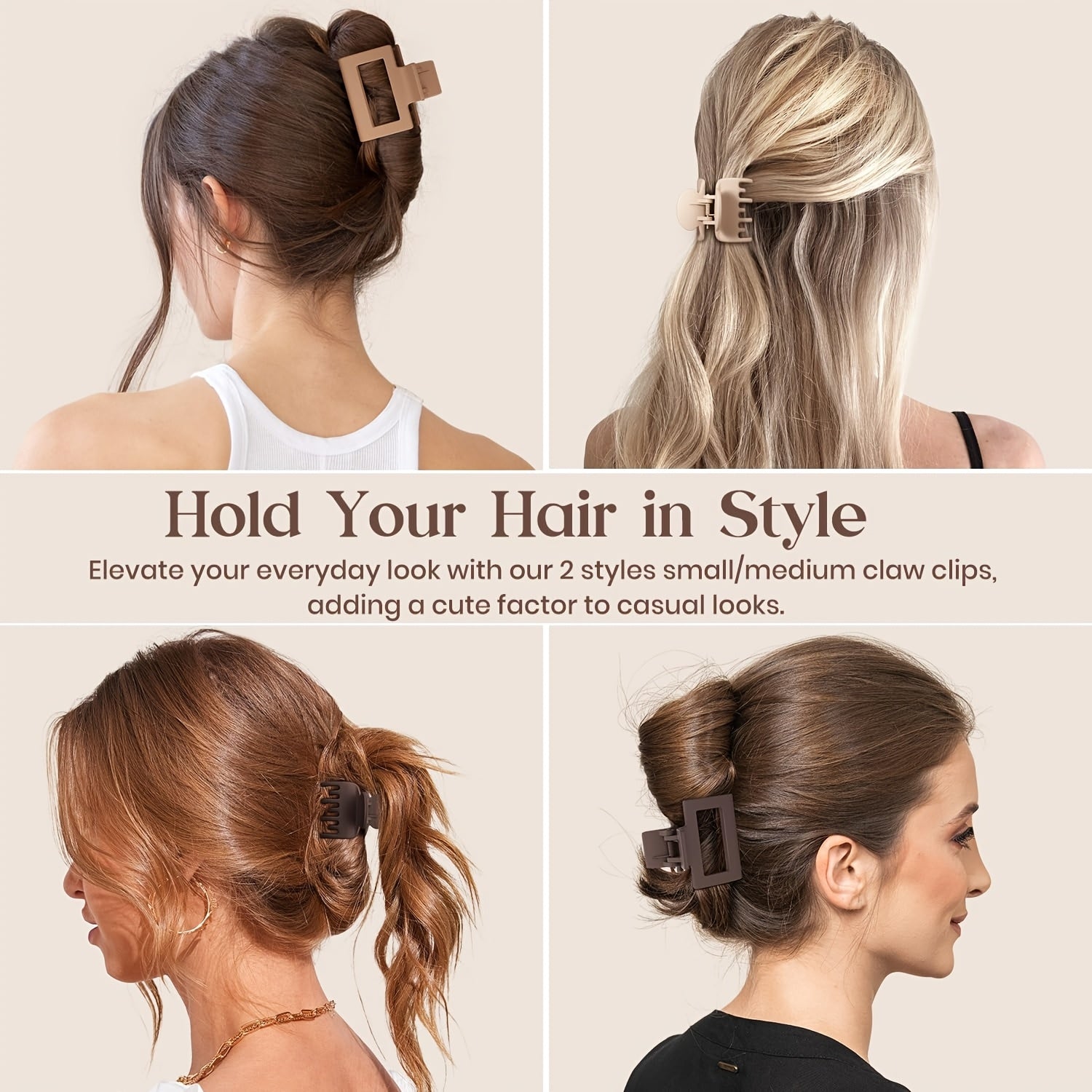 Medium 1.6 in (4.1 cm) Matte Rectangle Double-Row Hair Claw Clips for Thin to Medium Fine Hair – Non-Slip Jaw, Smooth Grip, 4-Pack or 8-Pack