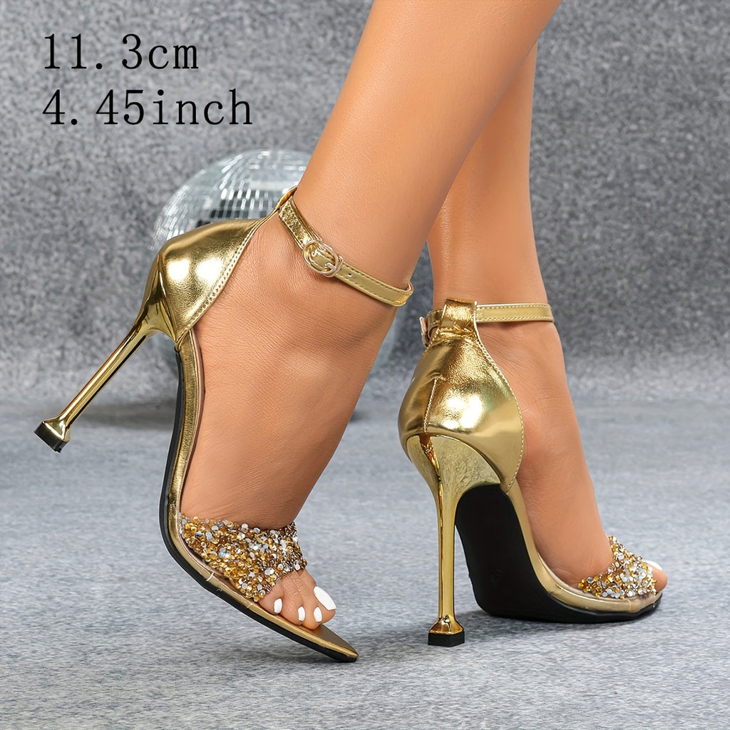 Gold-Plated Kitten Heels for Women – Ankle Strap, Square Toe, Rhinestone Embellished, TPU Sole, Faux Upper, All-Season