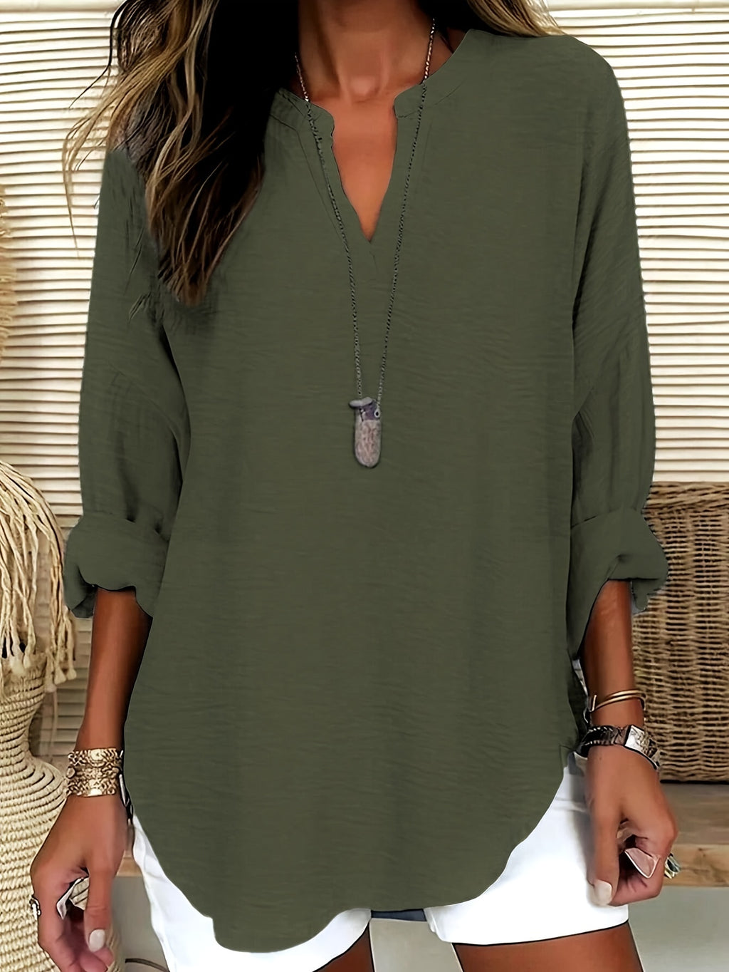 Women's Olive Green V-Neck Loose Fit Blouse - Long Sleeve Drop Shoulder Casual Polyester Top