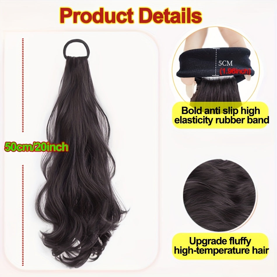 20" (50 cm) Heat-Resistant Synthetic Ponytail Extension — Voluminous Layered Loose Waves with Non-Slip Band, Natural-Looking Light Beige for Women