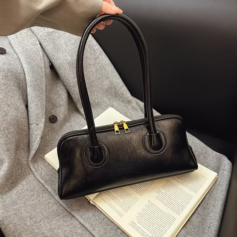 Vintage Women's Shoulder Bag – French Baguette Underarm PU Leather Bag, Zipper Closure, Black with Gold Hardware