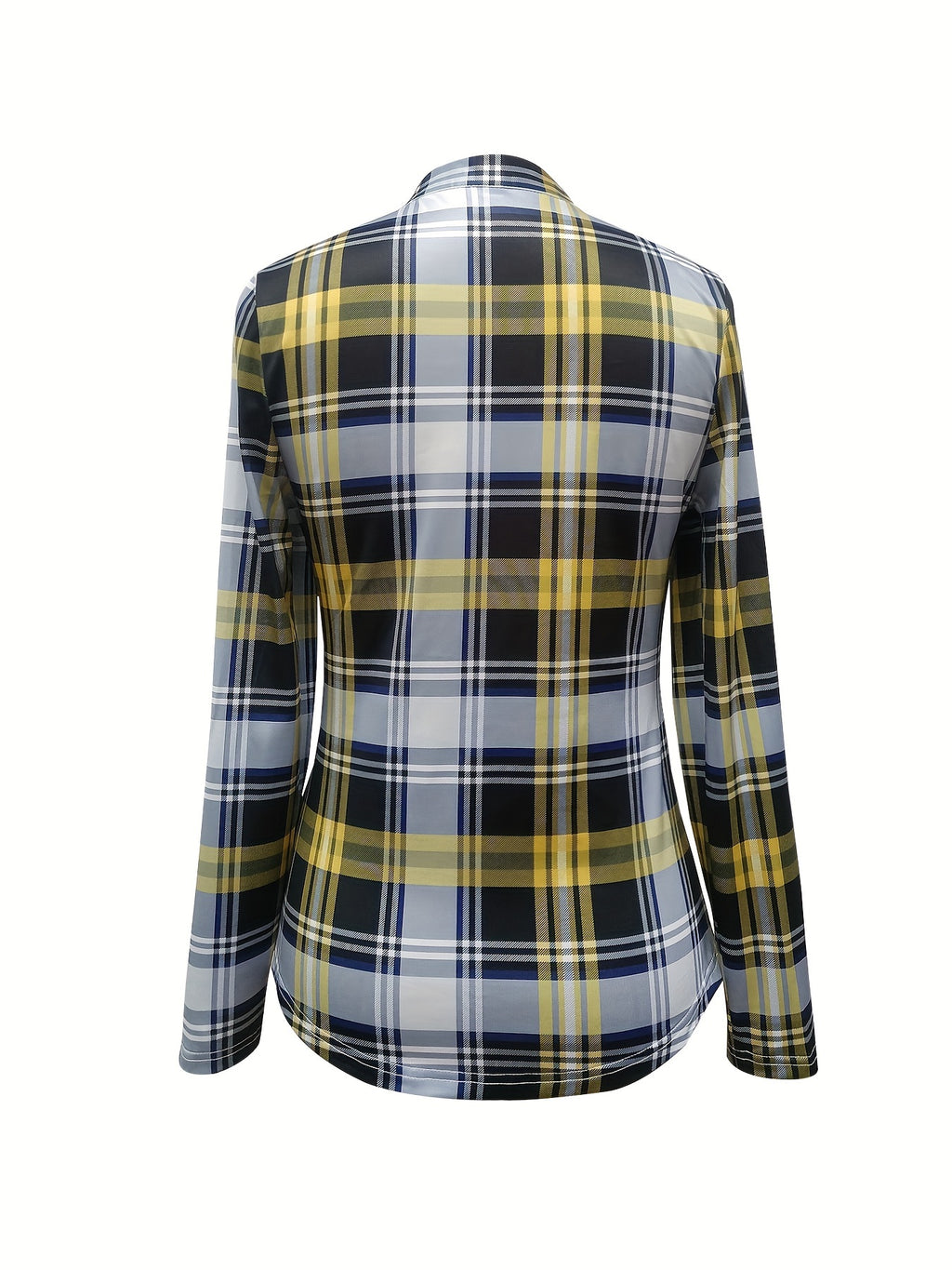Plaid Drawstring V-Neck Blouse - Casual Long Sleeve Top for Women