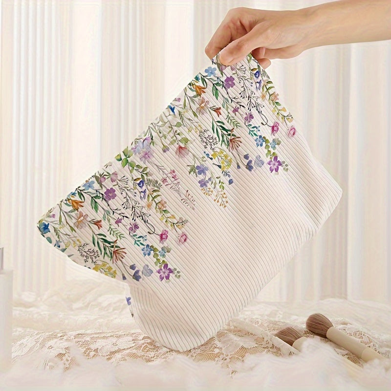 Floral Corduroy Makeup Bag - Zipper Travel Toiletry Pouch & Cosmetic Organizer, Portable Gift for Women
