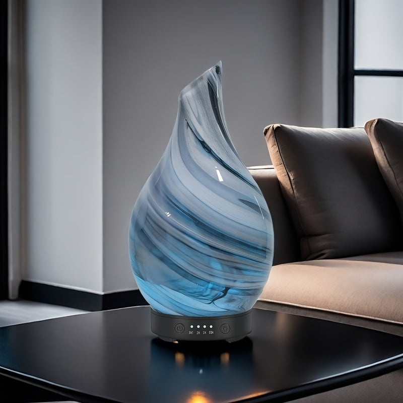 Handmade 4.06 oz (120 ml) Glass Essential Oil Diffuser — Soundwave Technology, 4 Timer Settings, 7-Color LED, USB Powered, Waterless Auto-Off, Blue & White Swirl