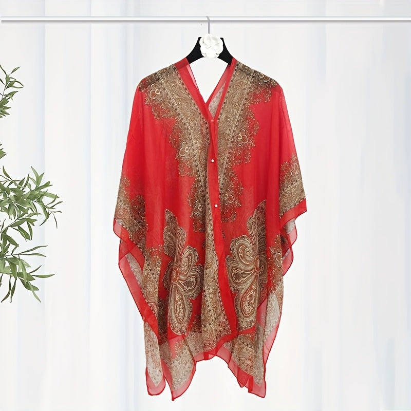 Women's Turquoise Jacquard Scarf Shawl – Large Square Lightweight Breathable Beach Cover-Up & Multiway Long Wrap Poncho