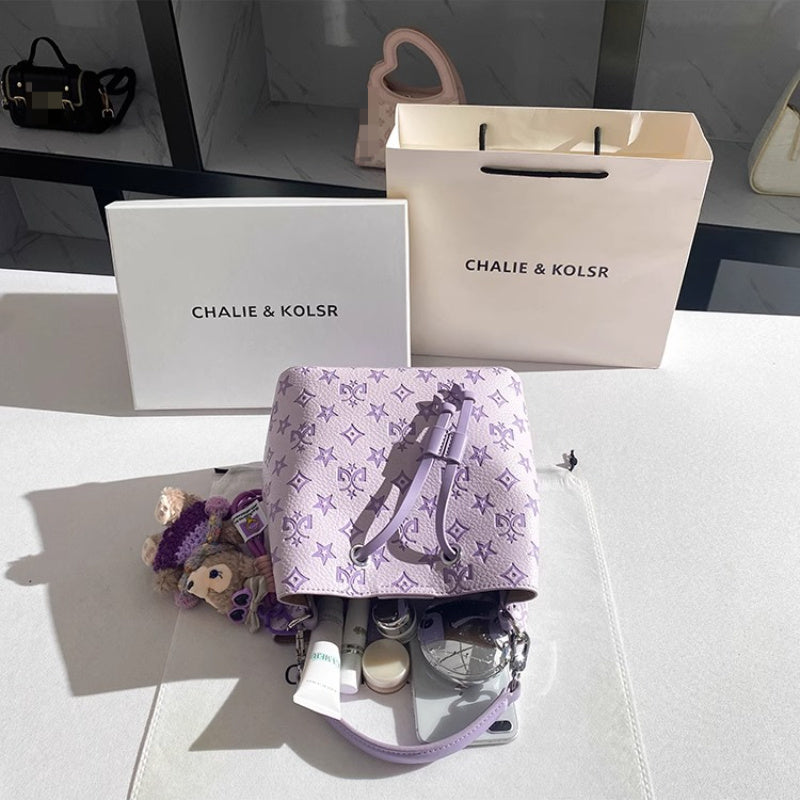 Purple Bucket Bag for Women – Large Capacity Embossed Geometric Handbag with Adjustable Strap & Gold Hardware