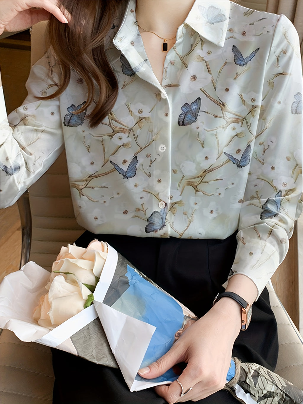 Women's Floral and Butterfly Print Long Sleeve Polo Blouse - Turnover Lapel Collar Single-Breasted Casual Top for Spring/Fall