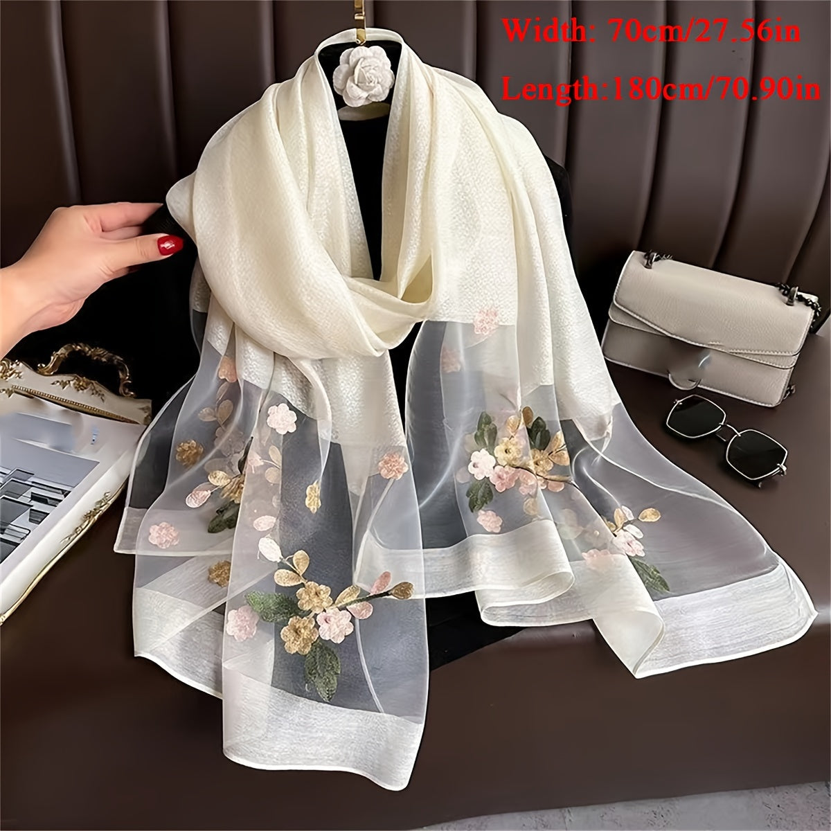 Embroidered Floral Scarf Lightweight Breathable Sunscreen Travel Shawl for Women